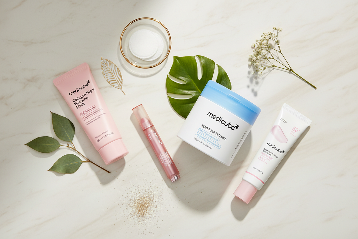 Альтернативный текст изображения: Medicube korejas kosmetikas produkti — kolagēna maska, pīlinga spilventiņi un serums sievietēm 40+
