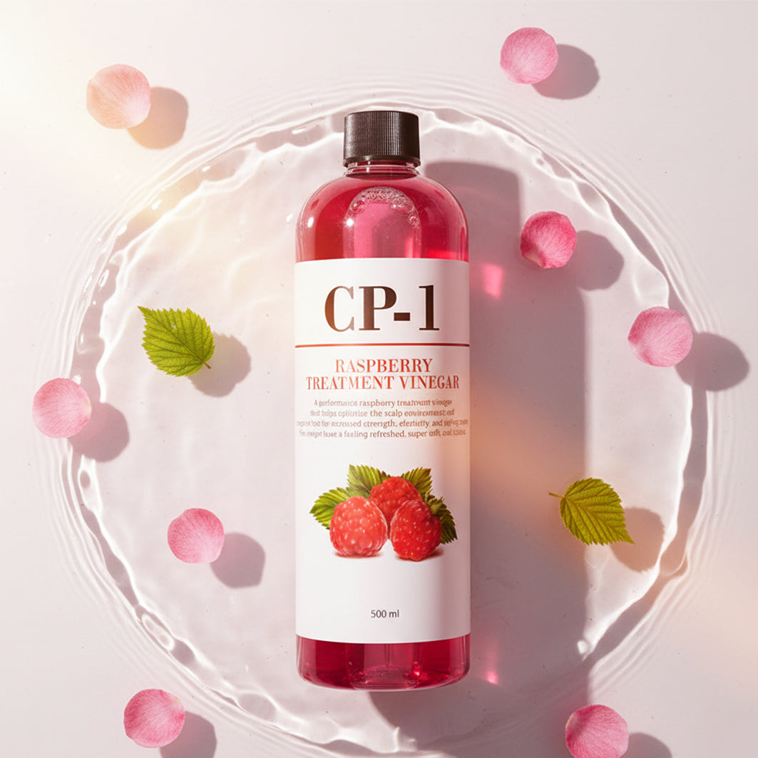 YABUKO Aveņu etiķa matu kondicionieris CP-1 Raspberry Treatment Vinegar 500ml, tuvplāns uz pudeles un etiķa sastāvu
