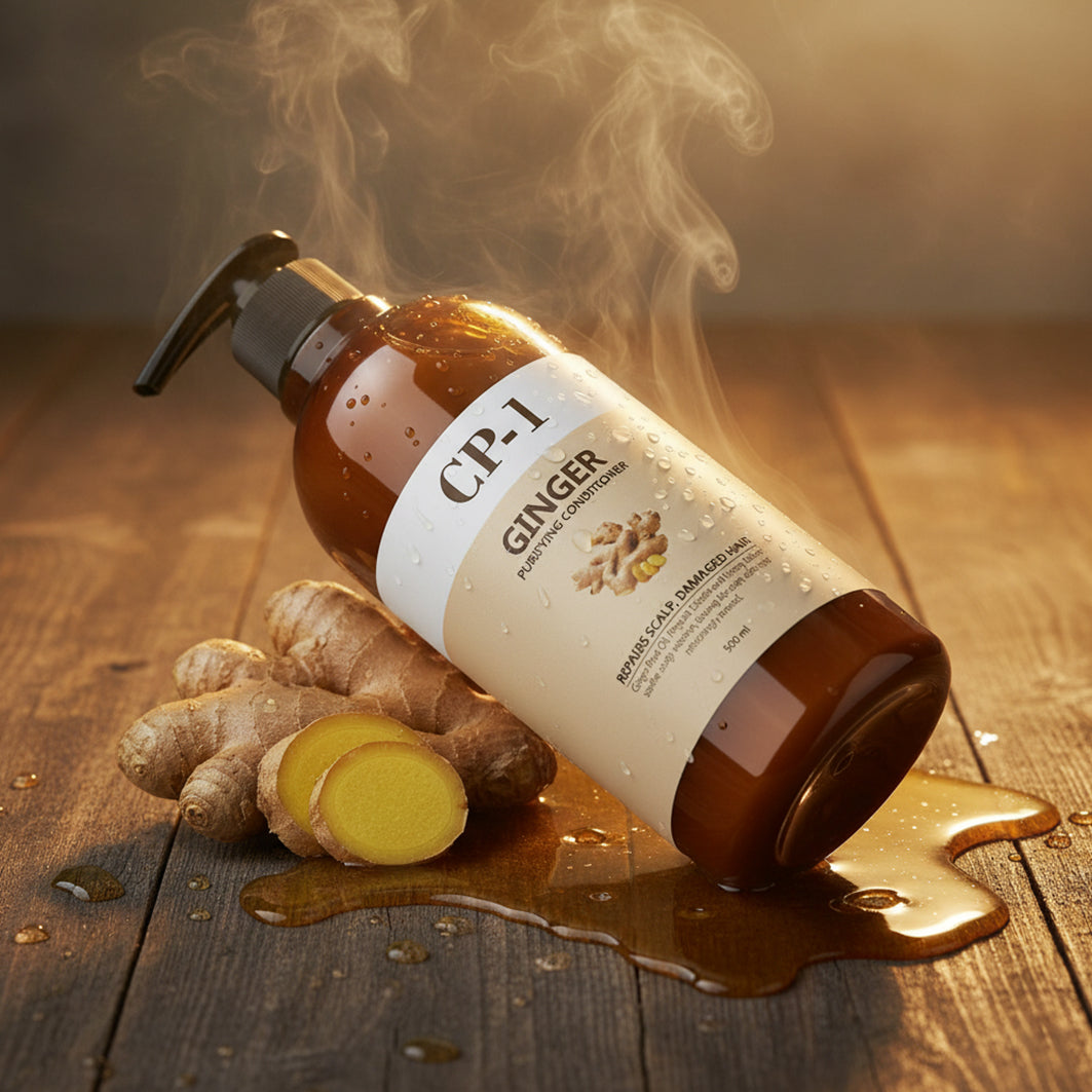 YABUKO Ingvera attīrošs matu kondicionieris CP-1 Ginger Purifying, šķidrums ar ingvera ekstraktu, uz matiem.