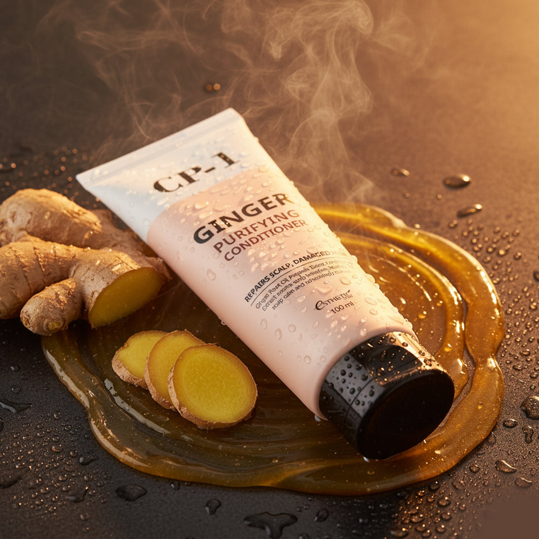 YABUKO Ingvera attīrošs matu kondicionieris CP-1 Ginger Purifying ar dzirkstošu un mitrinošu formulu, uz matiem.