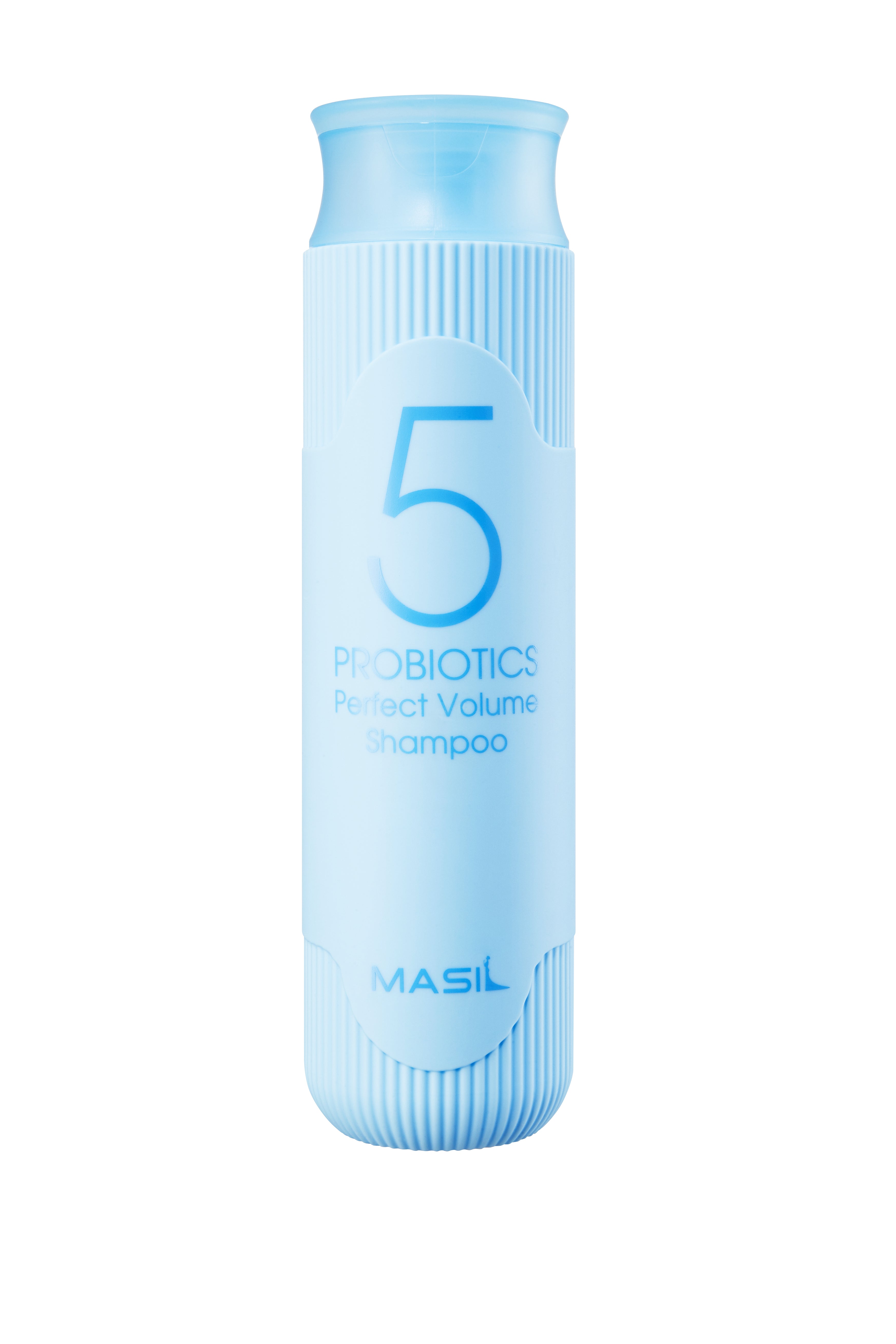 YABUKO Apjoma matu šampūns Masil 5 Probiotics ar perfekta apjoma efektu, redzams bezpiedevu iepakojums, uz galvas ir mati.