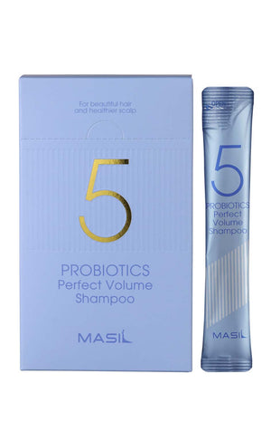 YABUKO Apjoma matu šampūns Masil 5 Probiotics, 8 ml iepakojums, 20 vienības, paredzēts matu apjoma uzlabošanai.