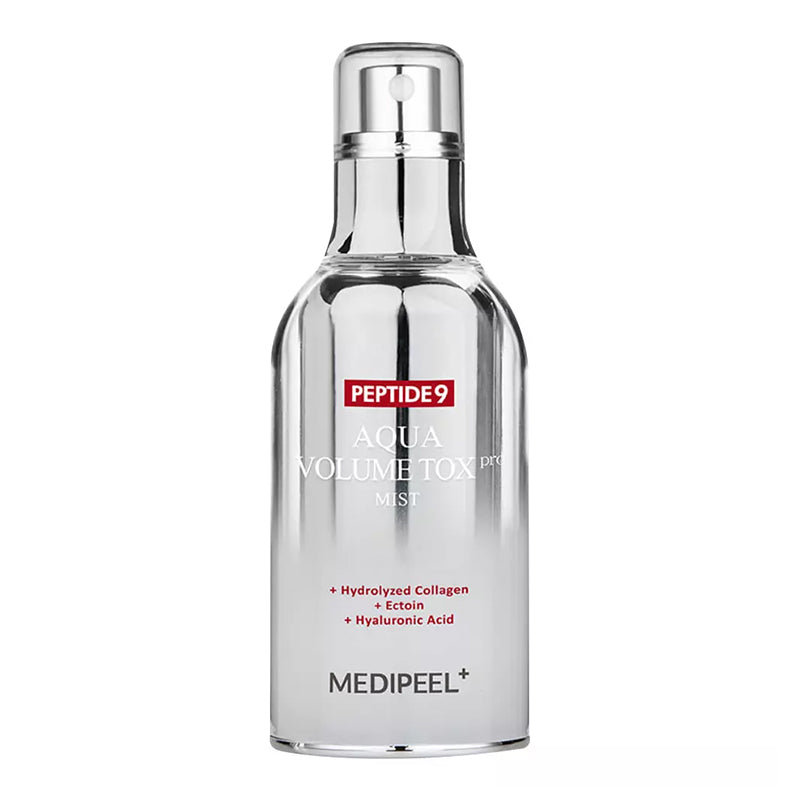 Mitrinošs sejas sprejs ar liftinga efektu, 50ml, YABUKO MEDI-PEEL Peptide 9 Aqua Volume Tox Mist PRO, uz galda.