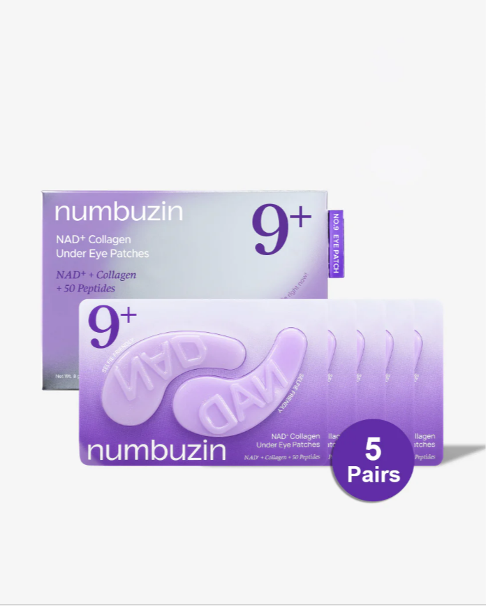 YABUKO Numbuzin No.9 NAD+ kolagēna acu plāksteri pret grumbiņām, 5 pāri, mīksti un mitrinoši acu apvidum.