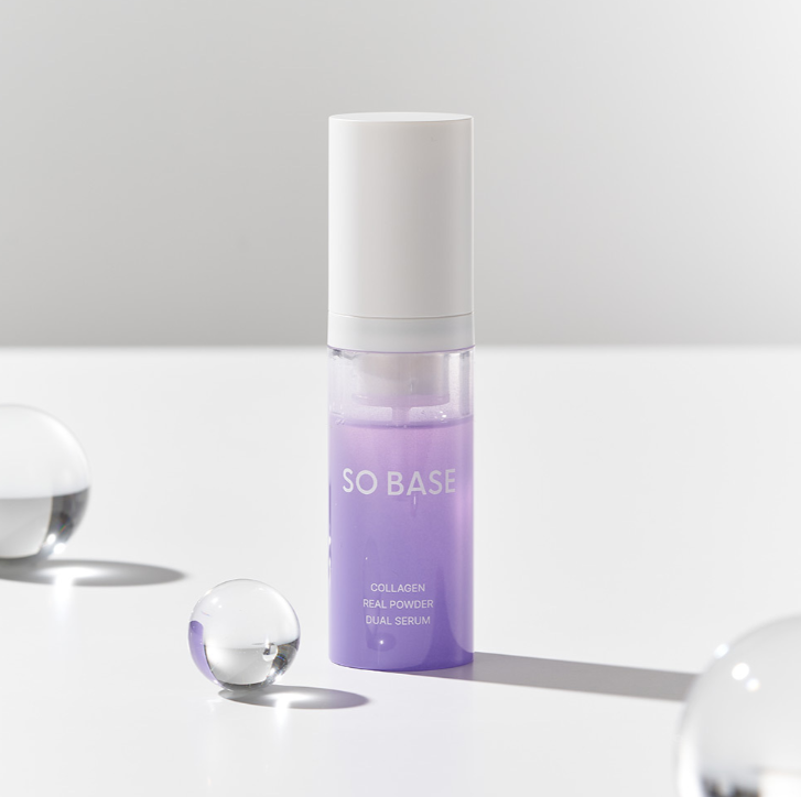 YABUKO So Base Kolagēna divfāžu intensīvais serums 50ml ar skaidru pudeli un seruma dozatoru, izsmalcināta iepakojuma uzbūve