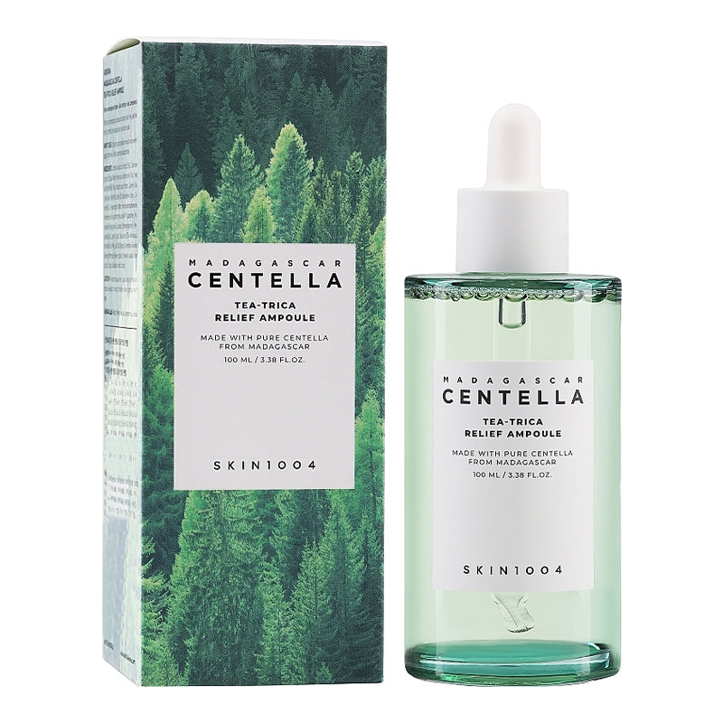 YABUKO SKIN1004 Madagascar Centella Tea-Trica nomierinoša ampula ar zaļas augu sastāvdaļām, uzlabo ādas komfortu un nomierina.